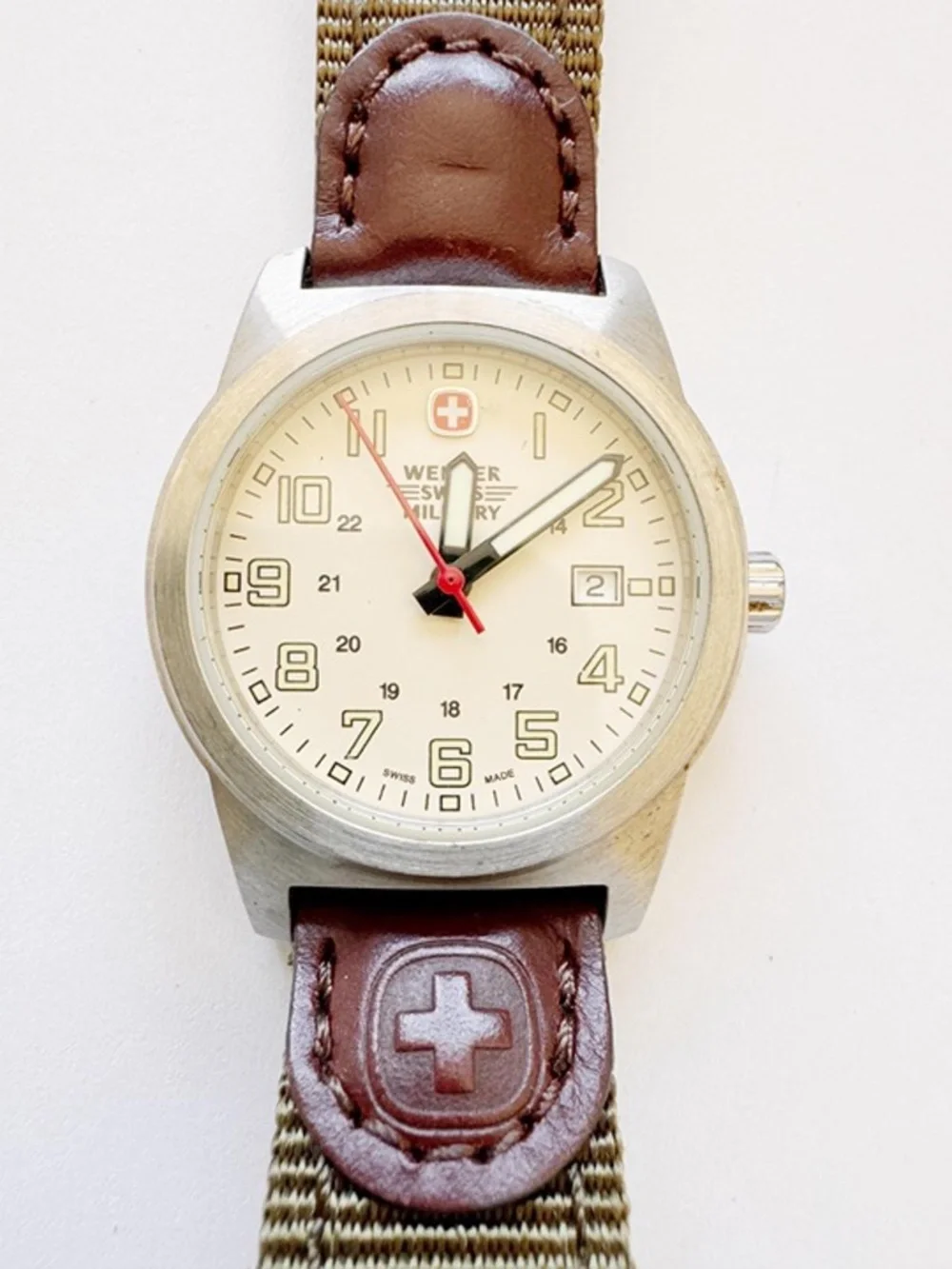 Wenger Swiss Military Field Watch, Cream Dial, Olive Nylon & Leather Band 30mm